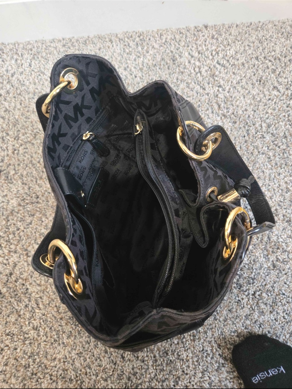 Michael Kors Black Logo Drawstring Shoulder Bag with Gold Hardware - Picture 3 of 4